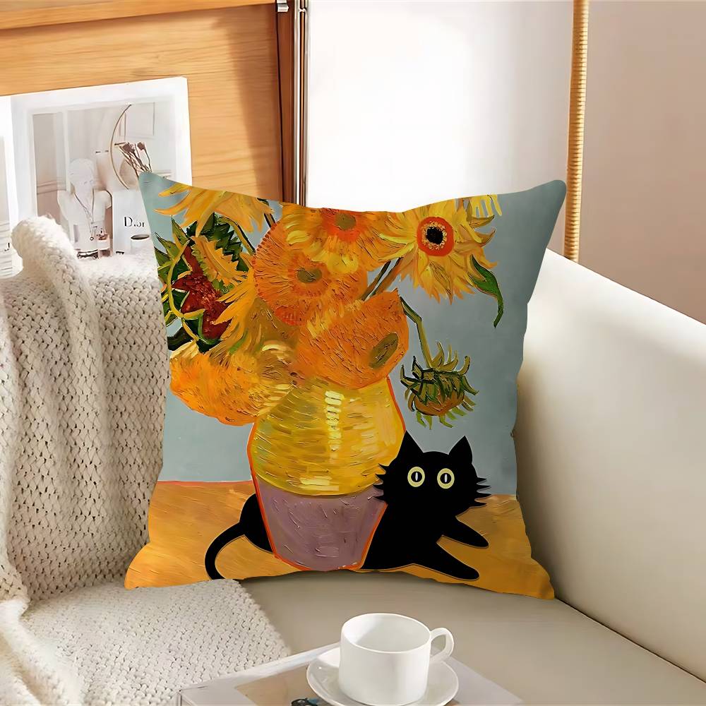 Svart Katt Kuddfodral Avtagbart Tvättbart Kuddöverdrag – Mjukt Linne för Alla Årstider