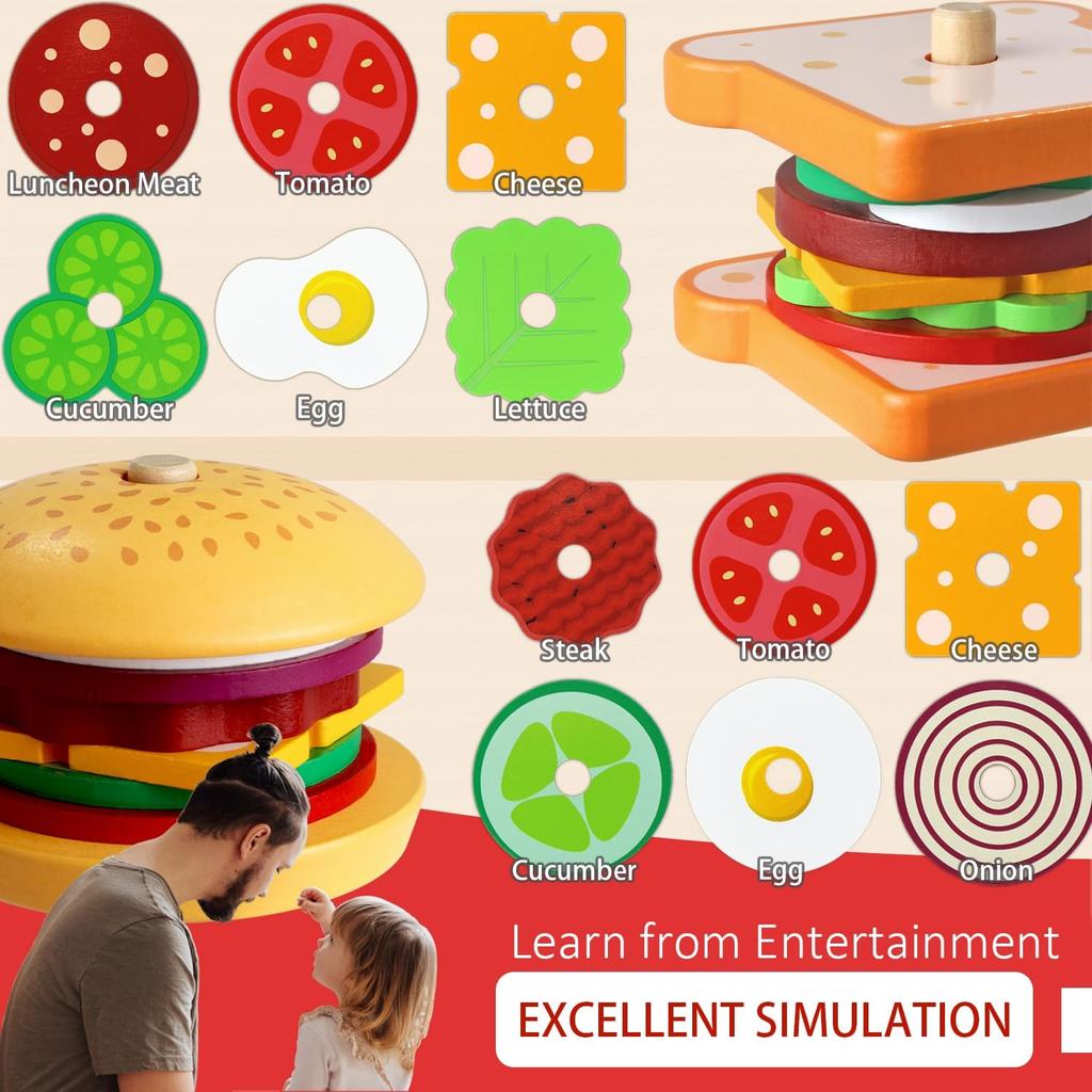 Toddler Montessori Pretend Play Toy Food SET, Stacking Wooden Building Blocks Educational Puzzles Games for Preschool Classroom