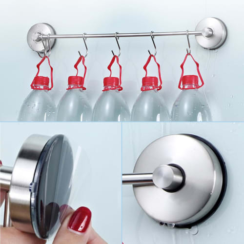 Poyway Kitchen Tool Hooks, Stainless Steel, Super Strong Suction Cups, 5 Movable Hooks, Bathroom & Kitchen Storage