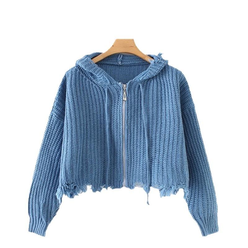 Women S Solid Color Hooded Knit Cardigan Zip Sweater Coat Loose V Neck Autumn Winter