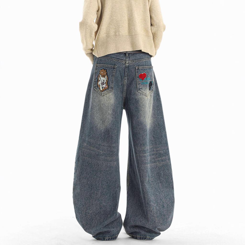JYL Men's Flare Jeans Blue Jacquard Niche American High-Street Slim Straight Denim