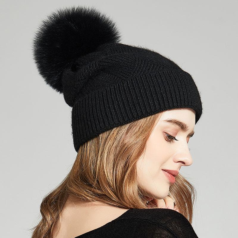 Winter Women Fur Pom Pom Knitted Beanie Hats  Warm Wool Cashmere Beanie Bobble Hat Factory