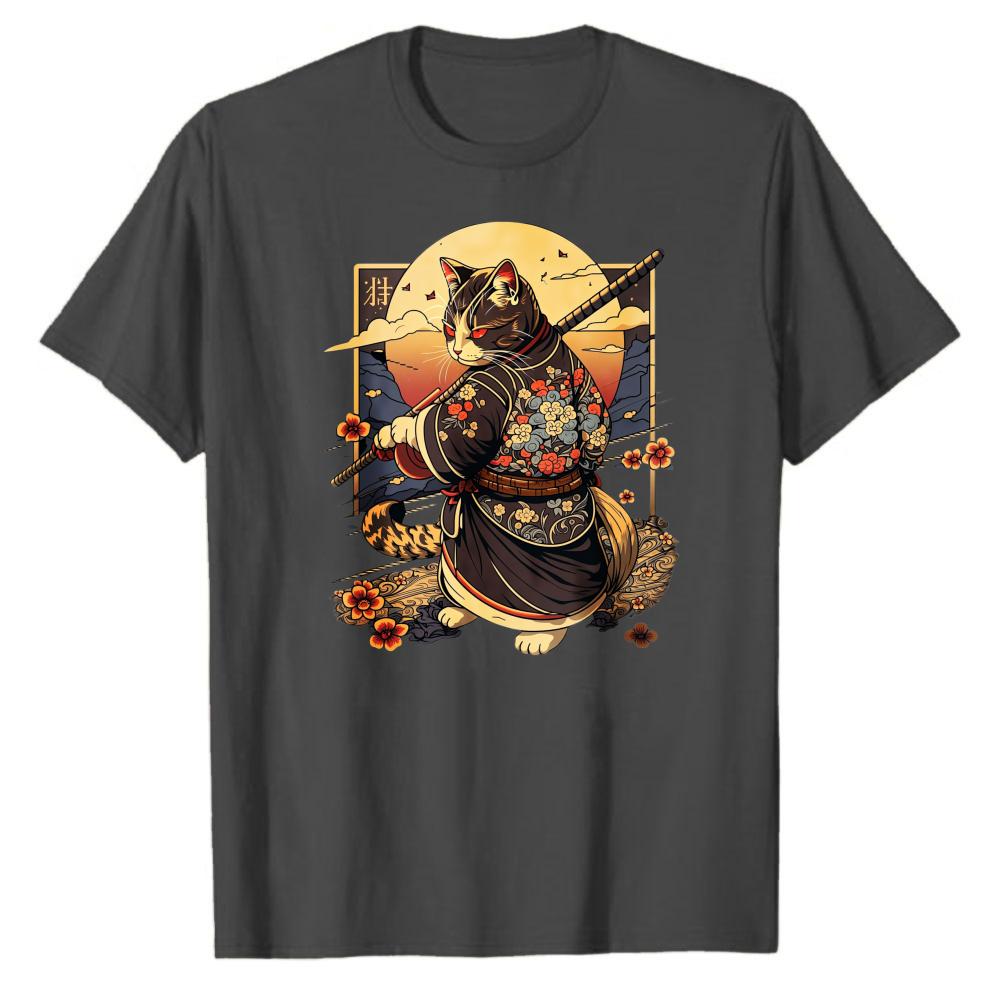 Samurai Katze ADHS Arbeit Ordentlich T-Shirt Lustiges Japanisches Stil Grafik T-Shirt für Unisex Kurzarm Lässiges Oberteil Einzigartiges Parodie Geschenk Präsent