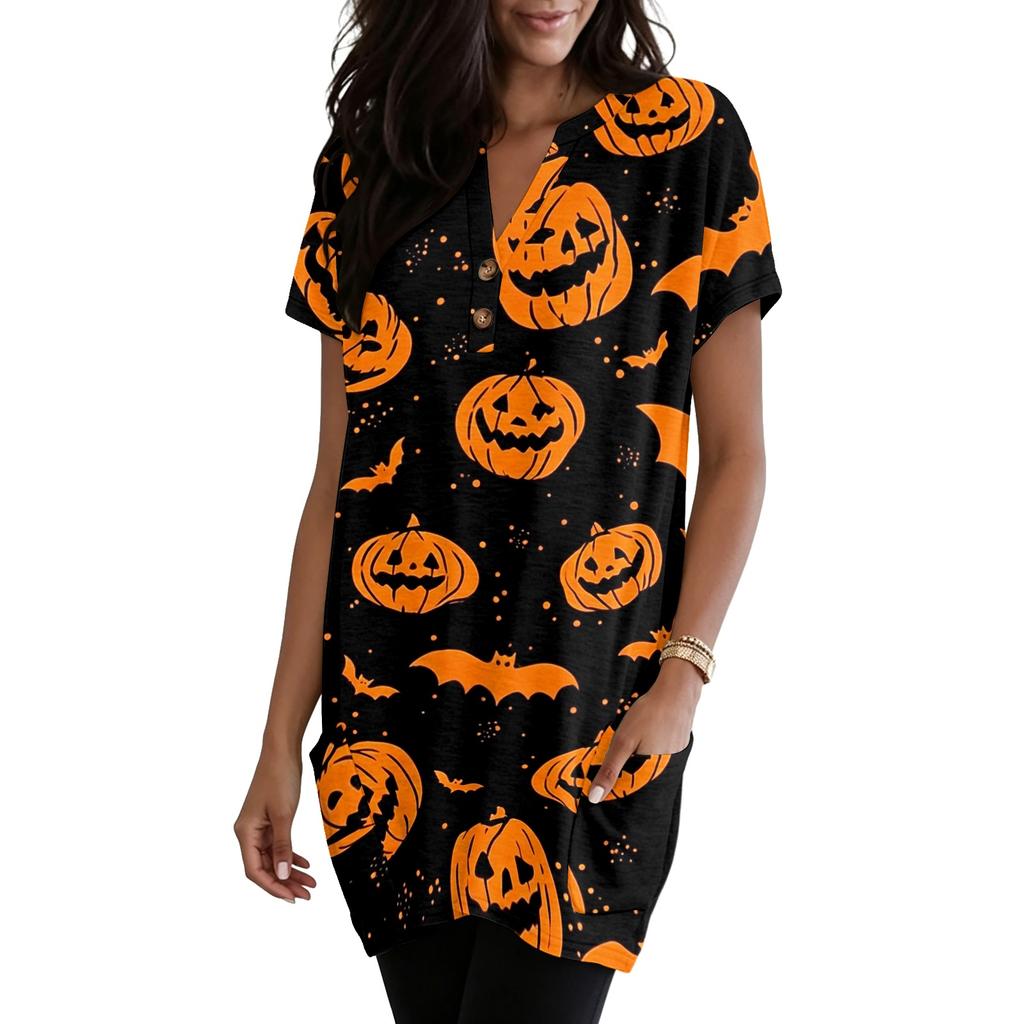 Women’s V Neck Pullover Short Sleeve Top with Halloween Themed Pumpkin and Bat Print Loose Fit Tunic with Pocket Design