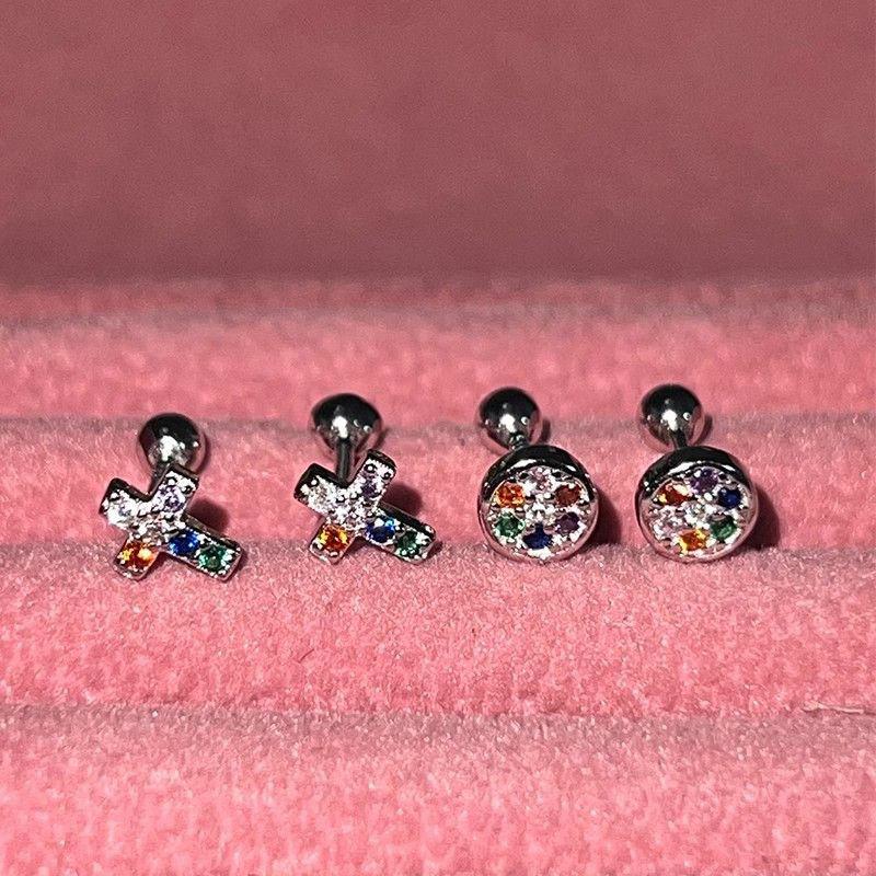 Colored Metal Stud Earrings Cross Round Design Stud Earrings Simple And Versatile Niche Earrings