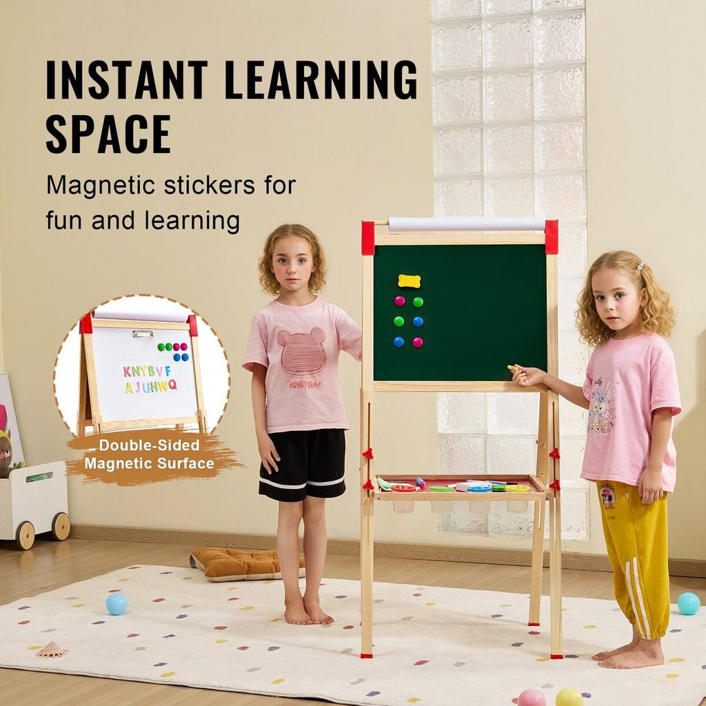 3-in-1 Kids Art Easel Double-Sided Wooden Magnetic Whiteboard Chalkboard