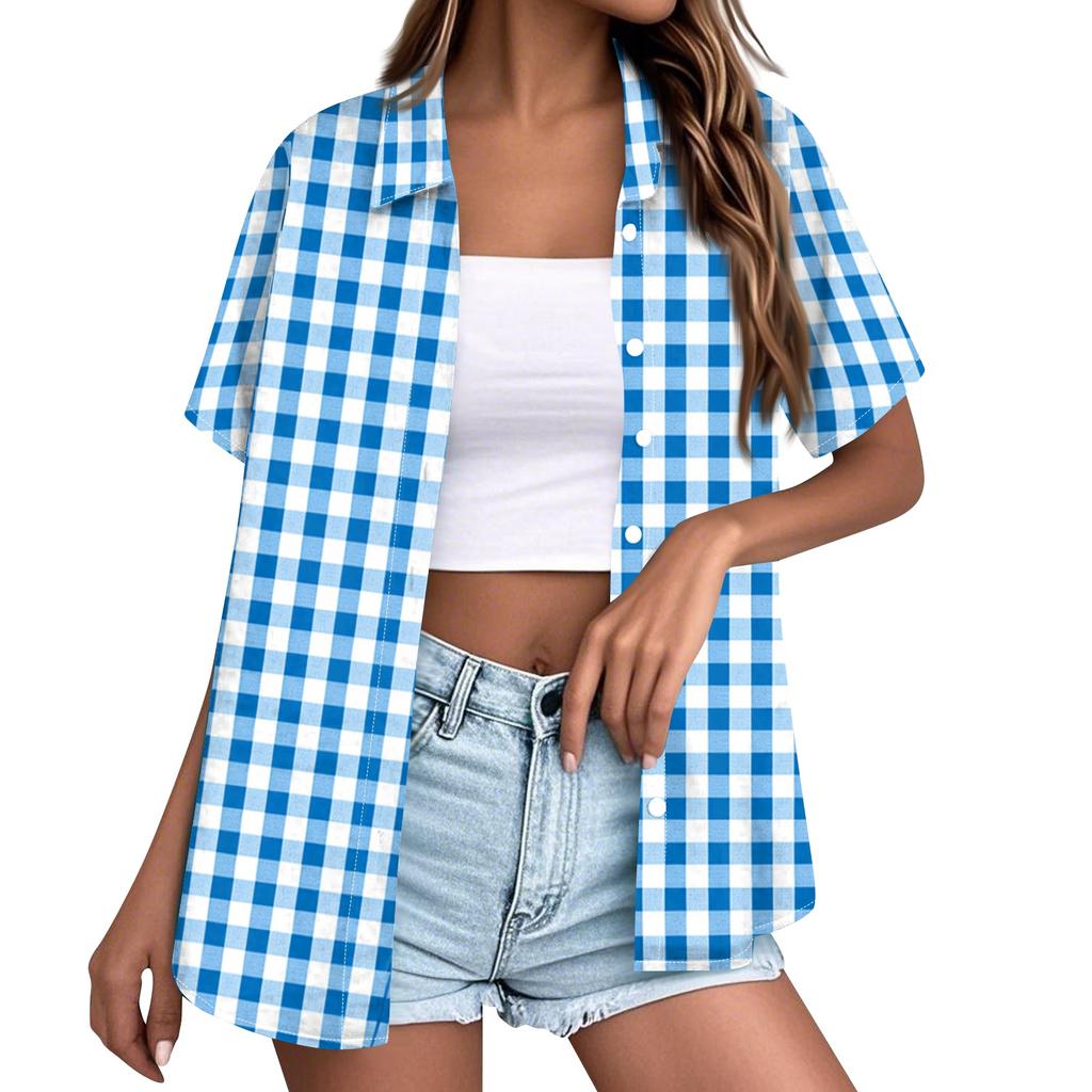Women Casual Loose Short Sleeve Button Down Shirt Collar Plaid Checkered Blouse Summer Top Lightweight Breathable Fabric