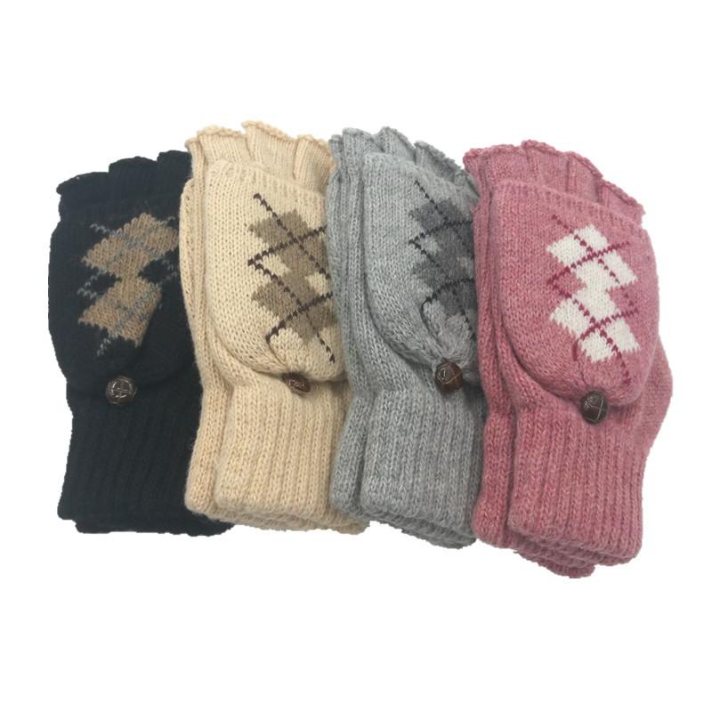 Wool Gloves Men'S And Women'S Snowflake Flip Dual-Purpose Thermal Half-Finger Gloves Deer Knitted Split-Finger Gloves