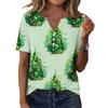 Women's Christmas Print V-Neck Short Sleeve T-Shirt with Decorative Buttons Casual Top