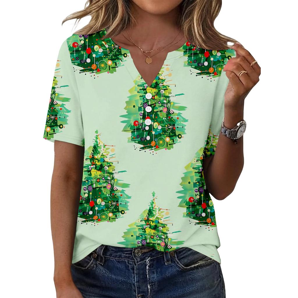 Women's Christmas Print V-Neck Short Sleeve T-Shirt with Decorative Buttons Casual Top