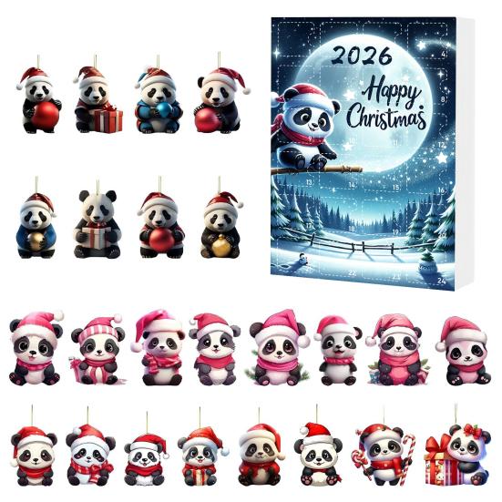 Christmas Gift for Panda Lovers 2D Acrylic Cute Ornaments Advent Calendar, 24 Days Holiday Decorations Countdown Collectible Hanging Pendants