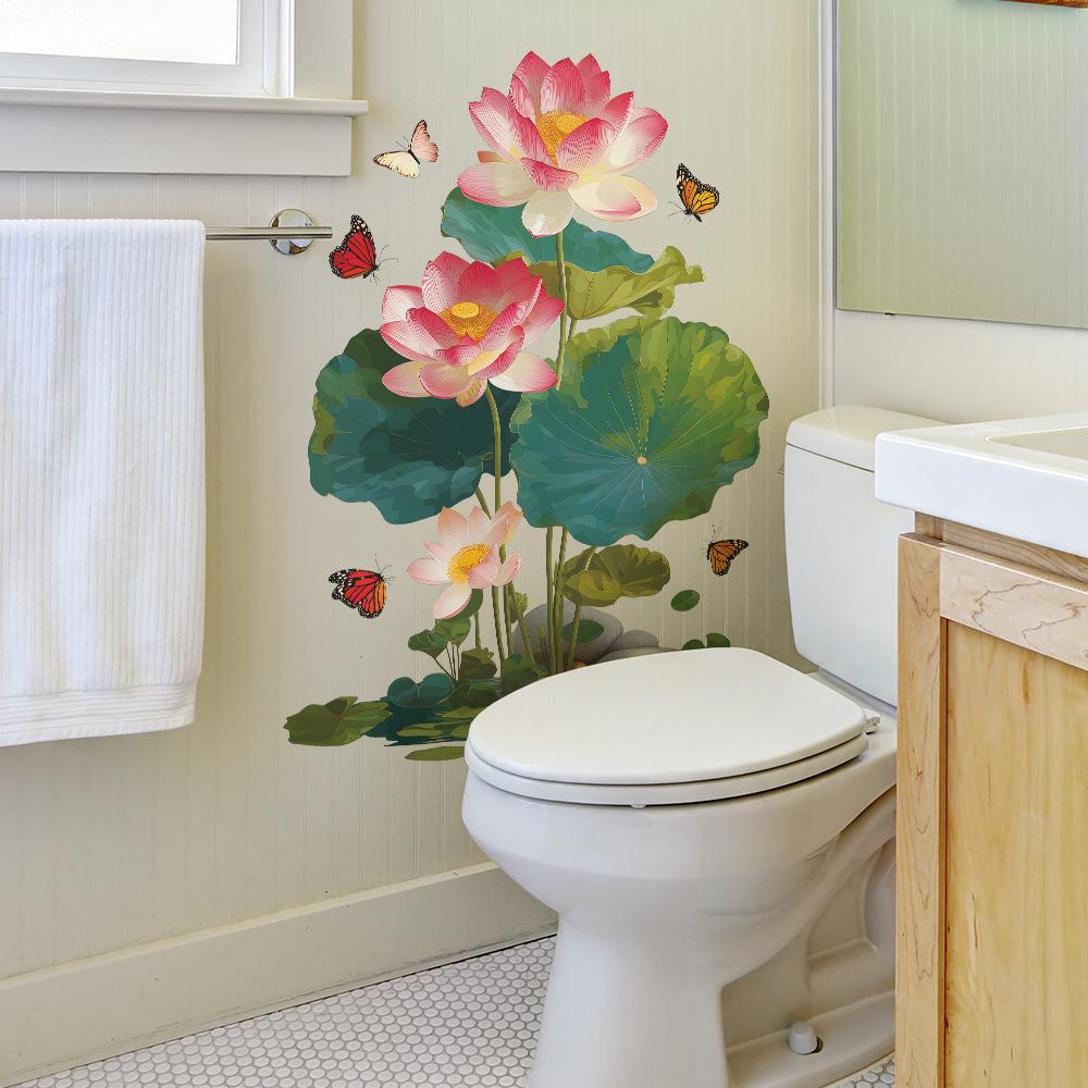 Fresh Lotus, Lotus Leaf and Butterfly Home Bathroom and Toilet Decoration and Beautification Wall Stickers
