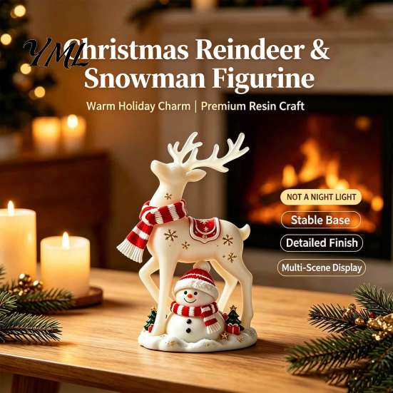 Indoor Holiday Ornament Christmas Reindeer Snowman Resin Figurine, White Deer Statue with Red Scarf, Table Decorations Winter Tabletop Fireplace