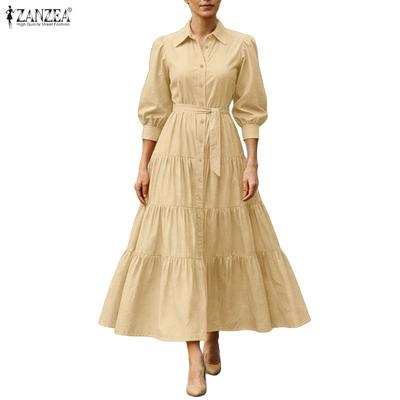 Women Casual Turn Down Collar 3/4 Sleeve Loose Dress