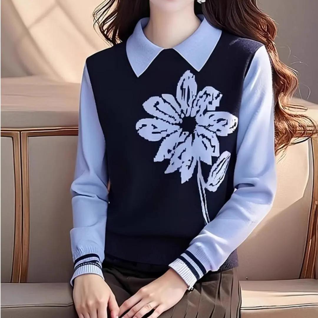 

WTEMPO Офисная женская жаккардовая вязка, синяя имитация, из двух частей, трикотажный свитер для женщин, осень-зима, отложной воротник, топы для свитера L синий