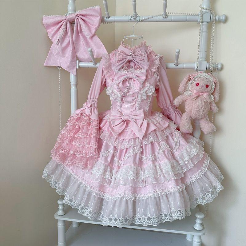 Victorian Sweet Lolita Jsk Dress Women Kawaii Cute Lace Ruffles Flower Wedding Bow Dress Japanese Vintage Elegant Princess Dress