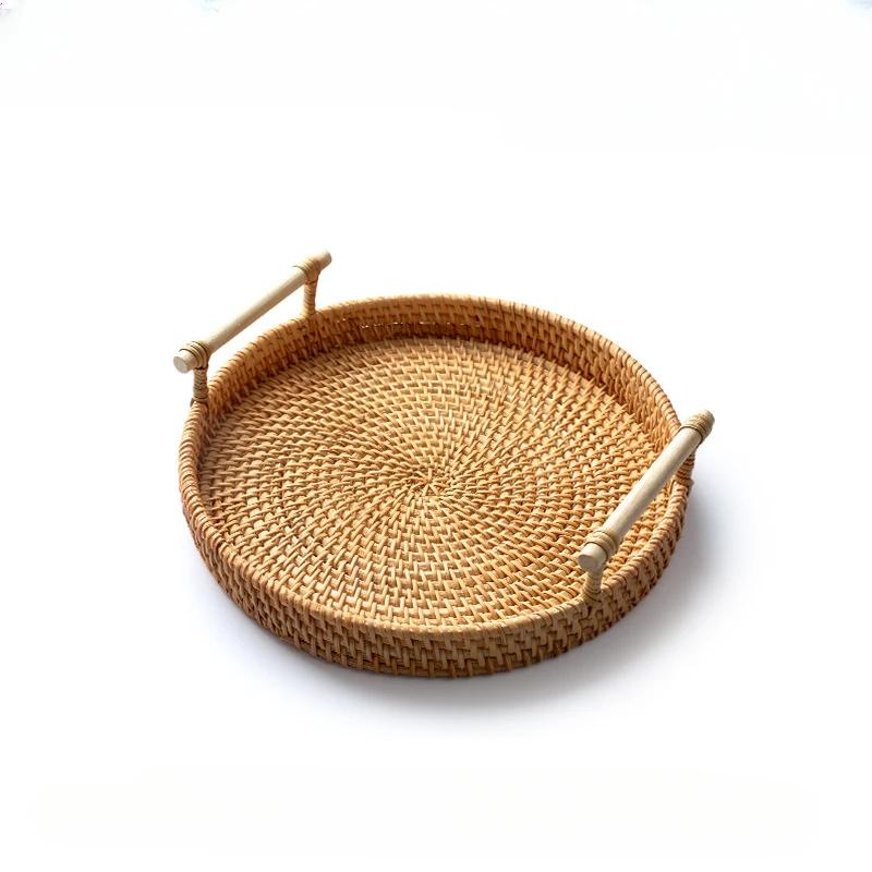 Rattan Bread Storage Woven Snacks Fruit Round Tray Picnic Binaural Tray Living Room Table Finishing Bread Plates Wood Handle