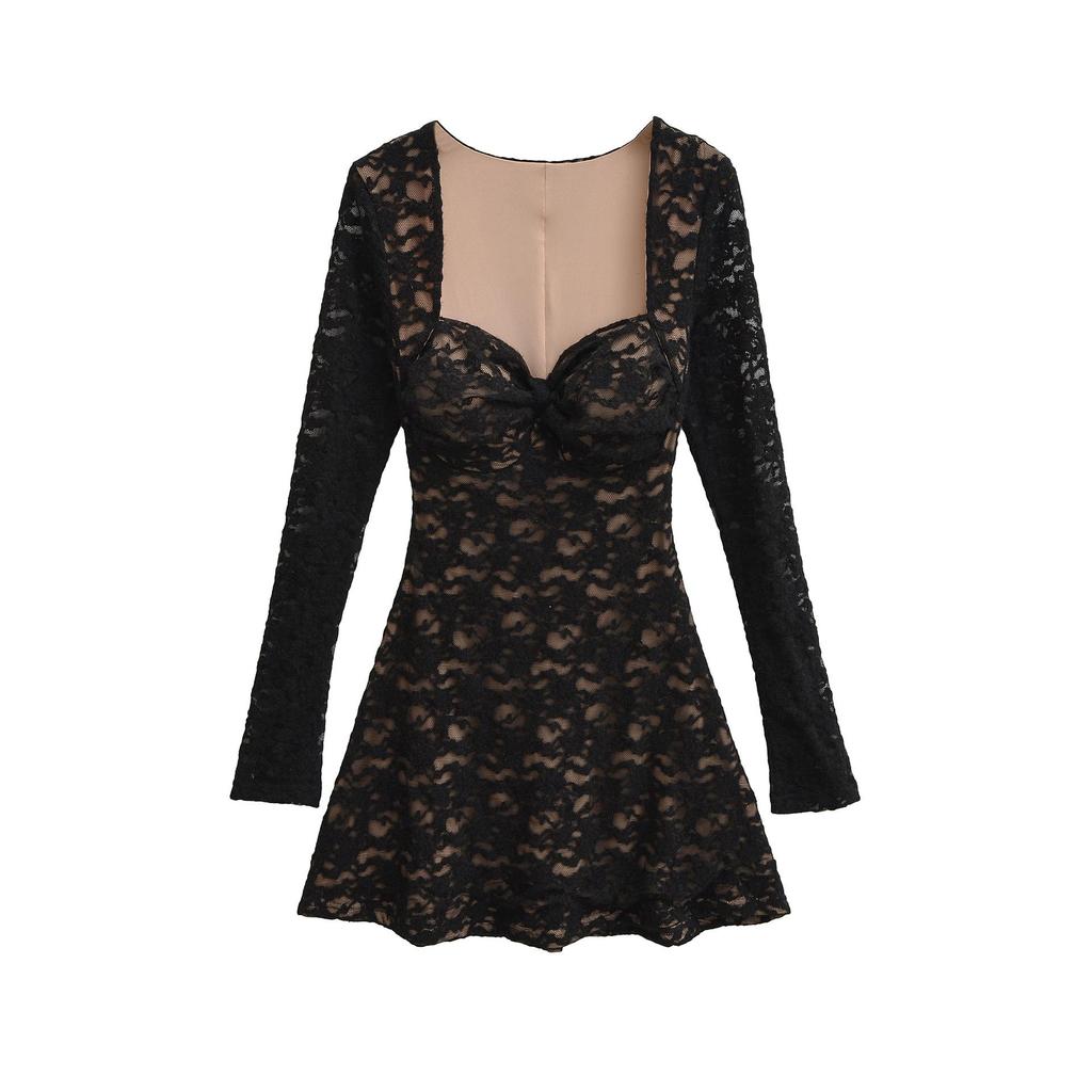 Elegantes, figurbetontes Spitzenkleid mit tiefem Ausschnitt und Brustpolstern für Damen – taillierte lange Ärmel, kurzer Rock für Herbst/Winter