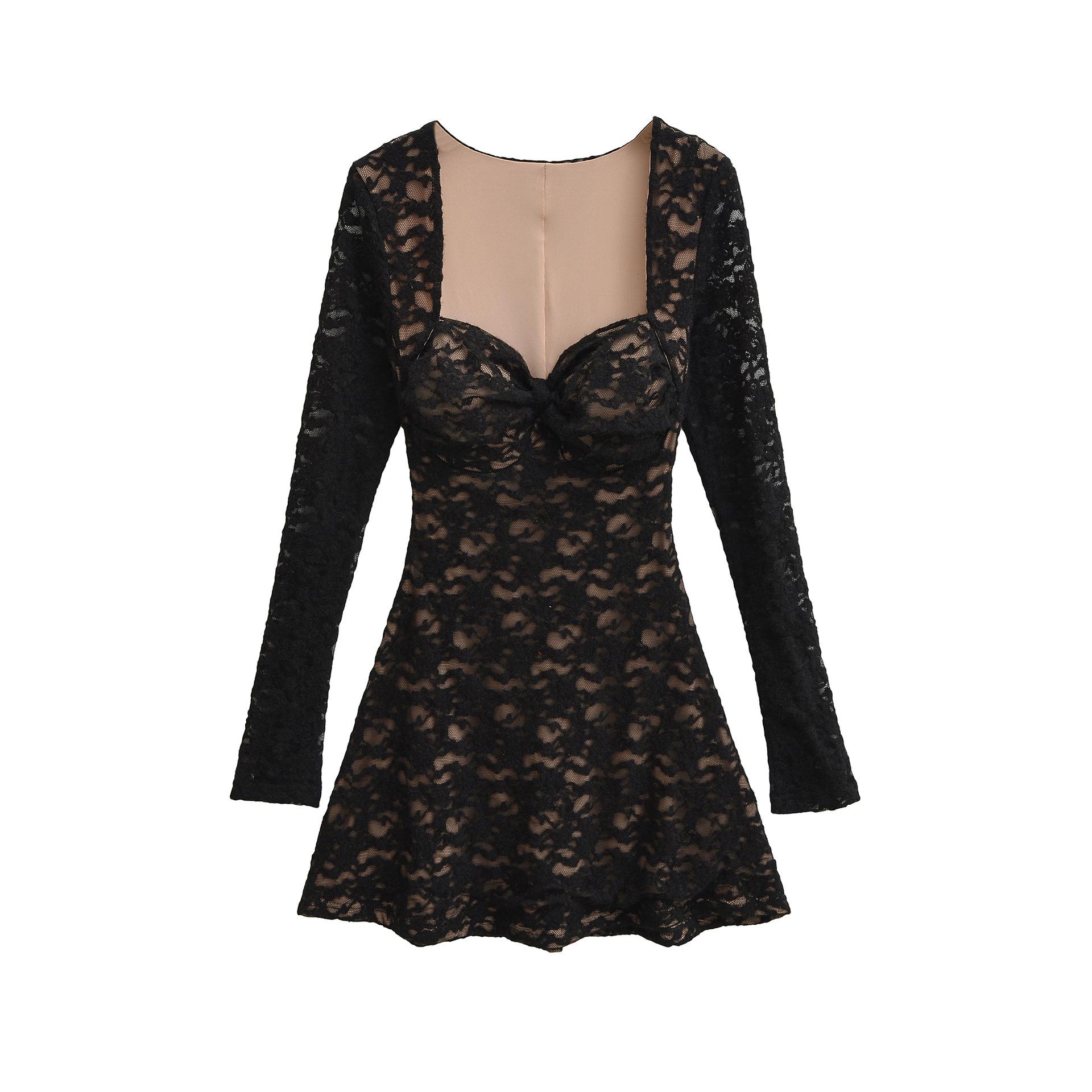 

Lace Long Sleeve Detachable Bra Pad Dress - Spicy Style, Low-cut, Cinched Waist, Short Skirt Large чорний