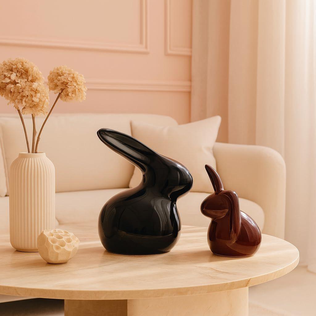 Home Decor Ceramic Rabbit Figurines (Set of 2, Black and Brown)
