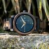 BOBO BIRD Men's Wooden Watch with Analog Quartz Movement, Day Calendar Display, Lightweight Handmade Wooden Watch (Dark Blue)