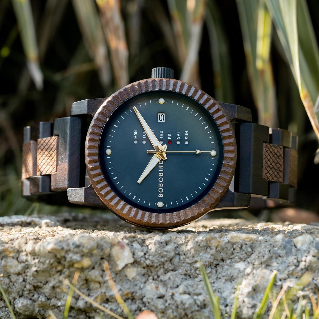 BOBO BIRD Men's Wooden Watch with Analog Quartz Movement, Day Calendar Display, Lightweight Handmade Wooden Watch (Dark Blue)
