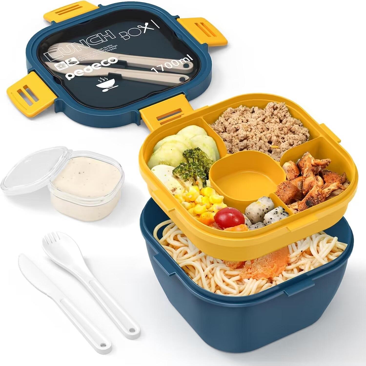 

Контейнер для салата «Все в одном» - Большая салатница, Поддон для бенто-бокса, Герметичный контейнер для соуса, Можно мыть в посудомоечной машине/использовать в микроволновой печи