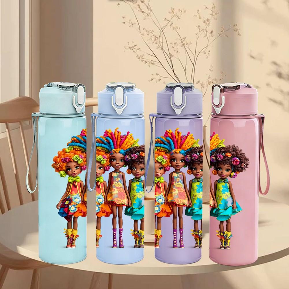 1PC Colorful Multi Ethnic Kid Character Print 750ml Color Plastic Sports Water Bottle Leakproof Flip Straw Lid Suitable for Sports Office Home Use