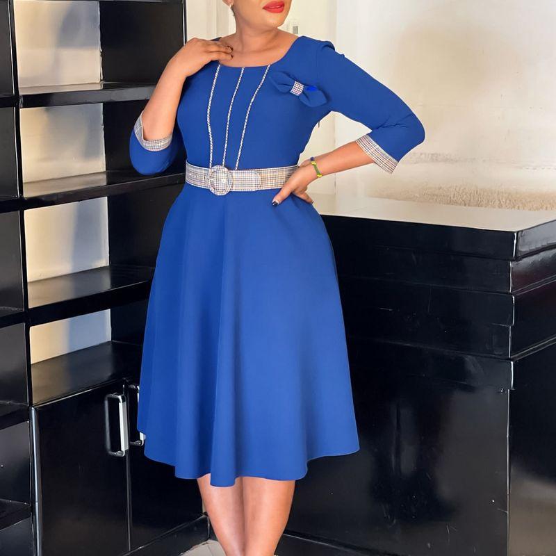 

D3340 Женское Новое Женское Модное Элегантное Элегантное Платье с Круглым Вырезом в Стиле Пэчворк в Африканском Стиле Blue + brooch belt XL