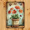 Tin Sign Poppy Flower Vase Retro Metal Wall Art Home Decor Vintage Cottage Garden Tin Sign for Bedroom Living Room Cafe Bar   De