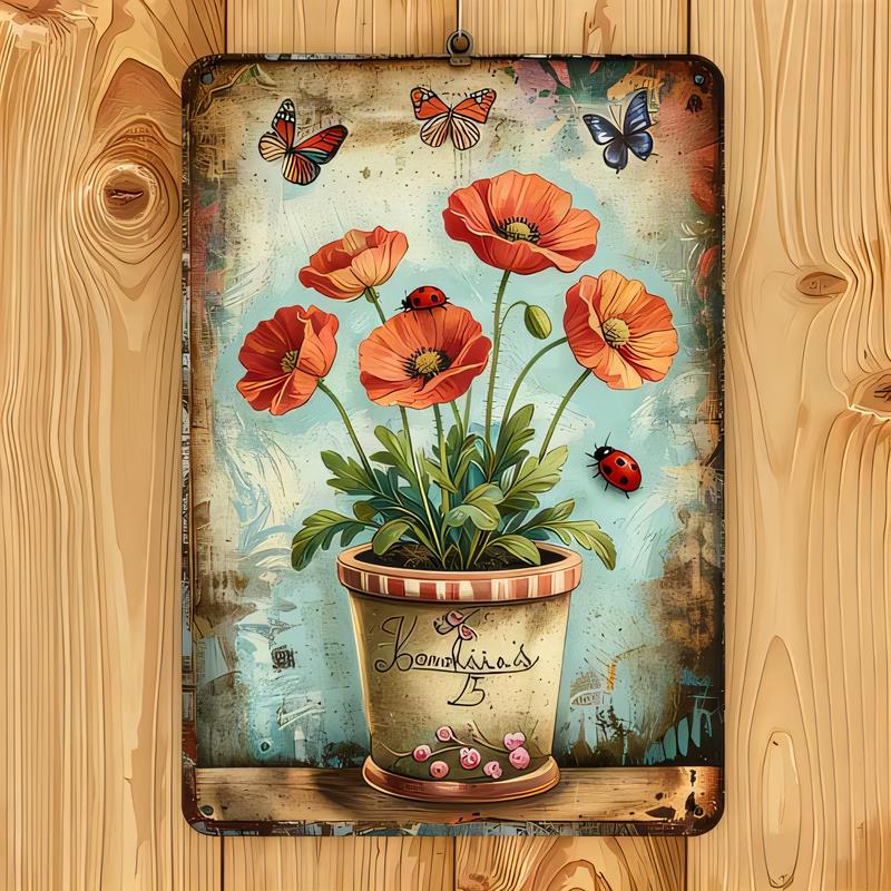 Tin Sign Poppy Flower Vase Retro Metal Wall Art Home Decor Vintage Cottage Garden Tin Sign for Bedroom Living Room Cafe Bar   De