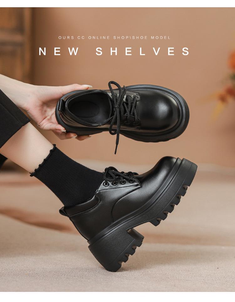 12cm Height Boost Chunky Heel Black Leather Loafers for Women, British Style, Lace-up High Heels for Spring & Autumn
