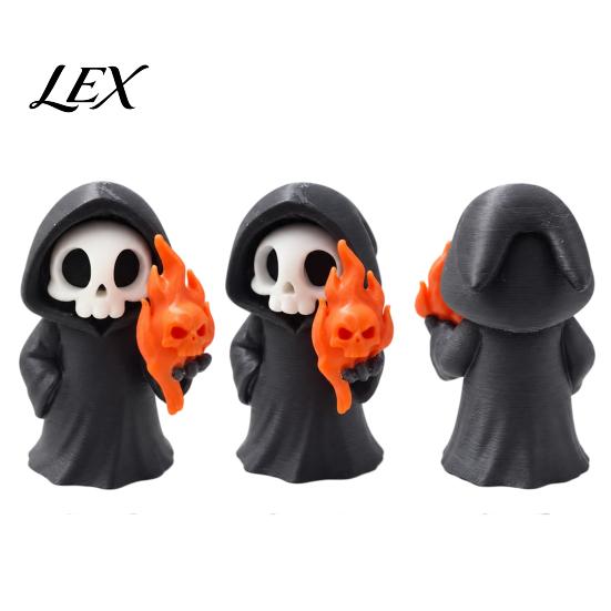 Small Gothic Room Accessories Cute Grim Reaper Halloween Figurine, 3D Printed Spooky Little Fun Party Tabletop Ornaments Statue with Flame Skull,
