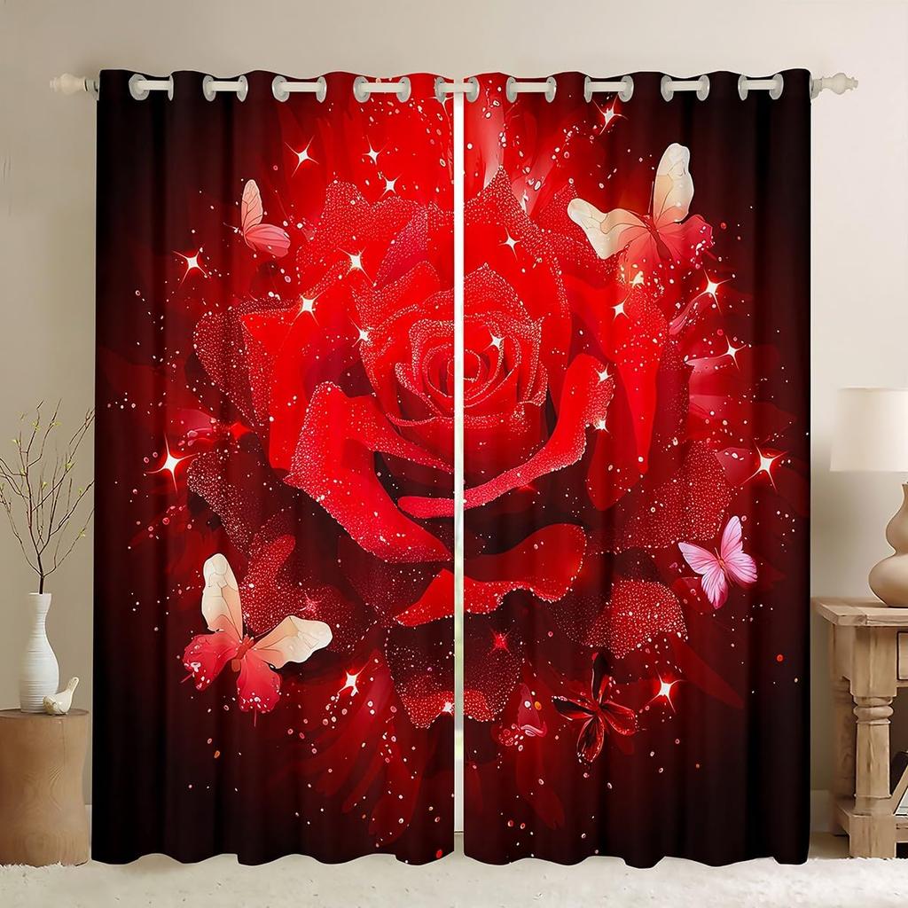 Valentine Day Curtain Red Rose Curtains Drapes Romantic Floral Window Couple Botanical Flower Treatments Polyester