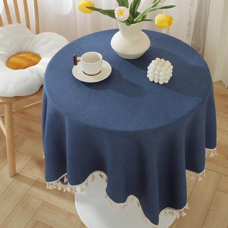 Solid Color Linen Tablecloth With Fringe Round Rectangle Dining Desk Table Cover