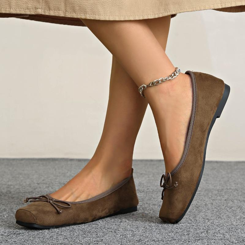 New Women's Bow Decoration Women Designer Shoes Comfortable Retro Brown Velvet Casual Soft Sole Outside Ballet Flats for Ladies