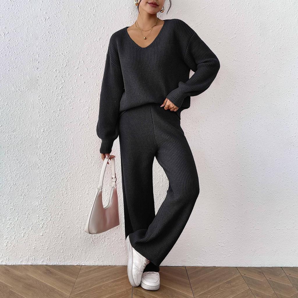 Women's  Casual Fashion Woolen Knitting Set V-Neck Loose Top + Solid Color Wide Leg Straight Pants Sweater Two Piece Set