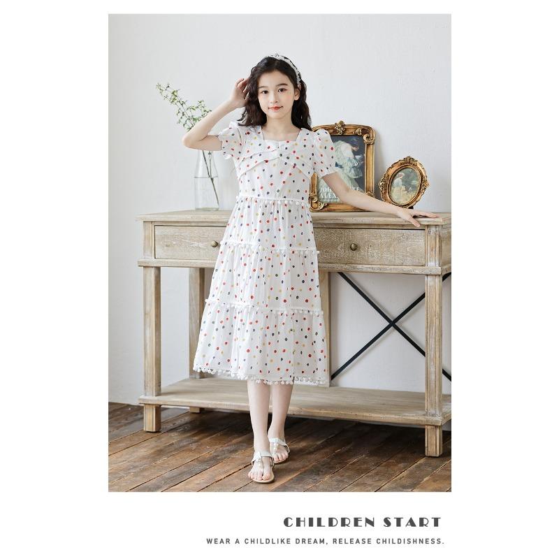 Kids Big Girls Korean Style Polka Dot Short Sleeve Fringe Hem Long Princess Dress