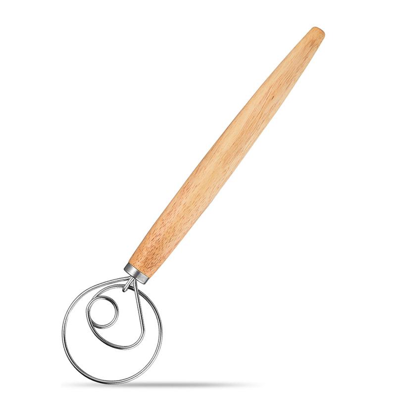 13 Inch Oak Handle Milk Baking Flour Mixer Flour Mixer Danish Dough Mixing Rod Stainless Steel Coil Hand Blender Cooking Tool