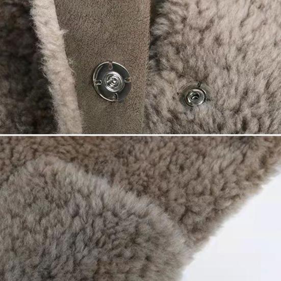 Winter Coat Round Neck Long Sleeve Single Breasted Plush Jacket with Pockets Solid Color Mid-length Imitation Fur Outerwear