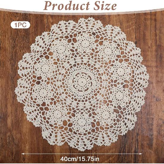 Crochet Doilies for Tables, 15.7inch/40cm Vintage Handmade Doilies for Furniture, Cotton Round Knitted Lace Placemats for Home Kitchen Dining Room
