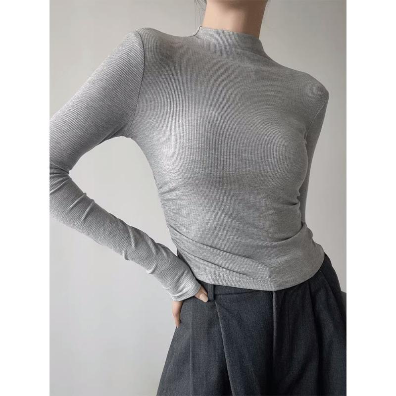 Women Half High Neck Long Sleeve Slim Cropped Solid Base T Shirt