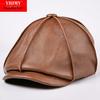 Unisex Dark Red Genuine Leather Sheepskin Flat Cap - Korean Style Warm Duckbill Cotton Hat for Autumn & Winter