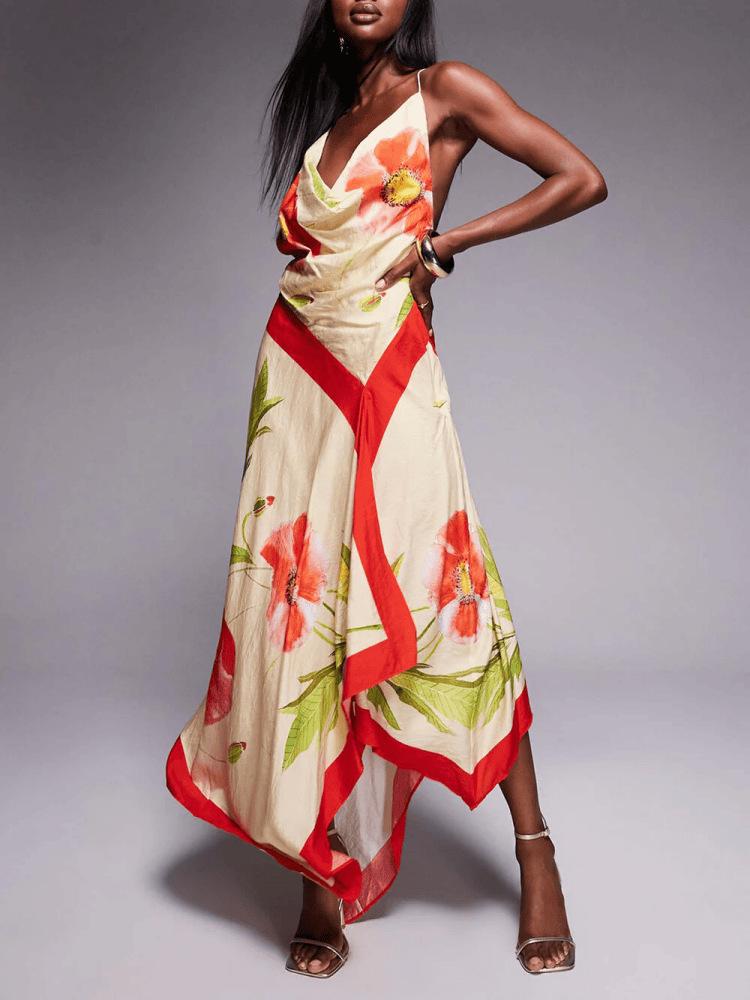 European & American Style Women's Backless Print Midi Dress - Fashionable & Sexy Vacation Sling Dress