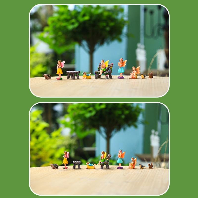 Resin Fairy Garden Miniature Figurine Set Angle Girl Squirrel Rabbit Statue for Home Indoor Outdoor Garden Doll House Room Decor