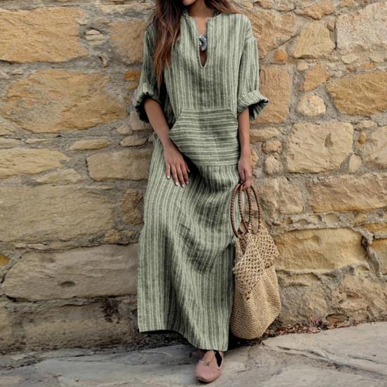 Vintage Stripe Print V-Neck Long Sleeve Women Loose Cotton Linen Maxi Dress