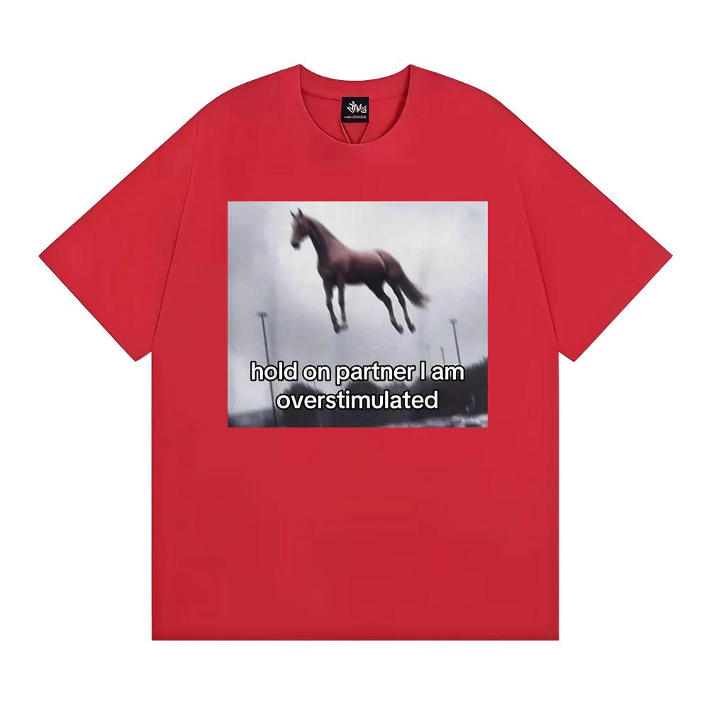 

Hold on Partner I Am Overstimulated Horse T Shirt Funny Anxiety Meme Tshirts Men Women Fashion Casual Humor Short Sleeve Tshirt S