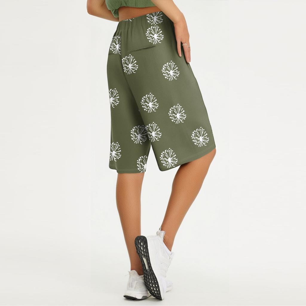 Pantaloni scurți largi de vară pentru femei, cu talie elastică și șnur, din bumbac și in floral