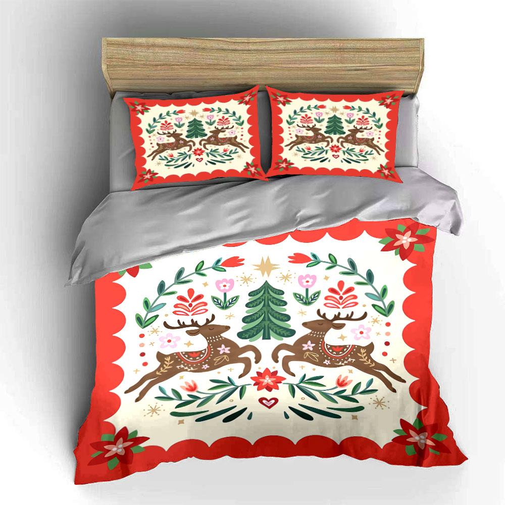 Reindeer and Floral Christmas Design Bedding Duvet Cover Set Duvet Cover Pillowcases  (1*Duvet Cover 2*Pillowcases, without duvet insert)