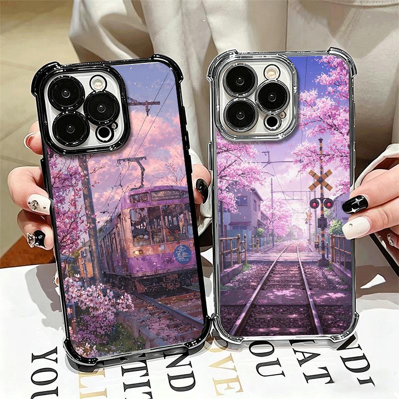 Retro Japanese Sakura Train Soft Phone Case For iPhone 15 16 17 Air 14 Pro Max 16E Plus 13 12 Mini Plating Anti-Fall Fundas